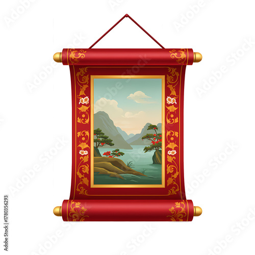 Chinese Landscape Scroll Painting, Asian Art, Vintage Illustration Style, Red Scroll with Floral Pattern