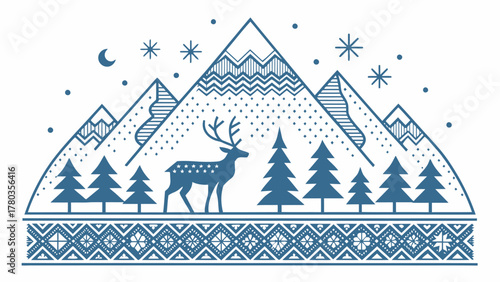 Illustration of a deer in a winter landscape with mountains trees and snowflakes in blue and white colors silhouette