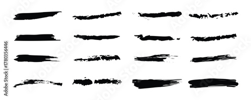 Black hand painted brush stroke underline vector set. Marker and ink grunge lines, rough divider strokes with smudge texture, hand drawn illustration.