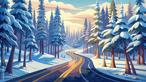 A winding road covered in fresh snow leading through a dense pine forest, frosted trees glistening in soft winter light, creating a peaceful and scenic journey through nature, detailed winter landscap