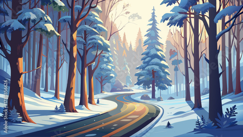 A quiet snowy road curving gently through a frosted woodland, surrounded by tall snow-laden trees, soft morning mist and pale light evoke calmness, solitude, and natural winter beauty, detailed vector