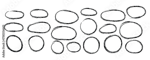 Hand drawn charcoal circles and ovals vector set. Rough pencil sketch frames and highlight bubbles for diagrams, doodle texture illustration.
