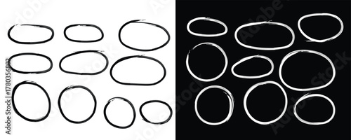 black and white hand drawn charcoal circles and ovals vector set. Rough pencil sketch frames and highlight bubbles for diagrams, doodle texture illustration.