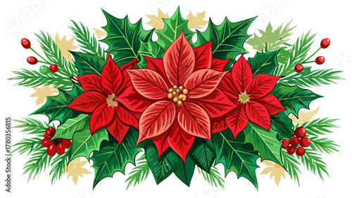 Bright red poinsettia flowers arranged beautifully with rich green holly and pine leaves, golden accents shining softly, capturing the joyful and festive essence of Christmas season in a detailed