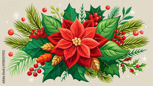 Vibrant holiday bouquet featuring red poinsettia blossoms, glossy holly leaves, and bright berries, surrounded by evergreen foliage, radiating warmth, cheer, and the classic beauty of Christmas