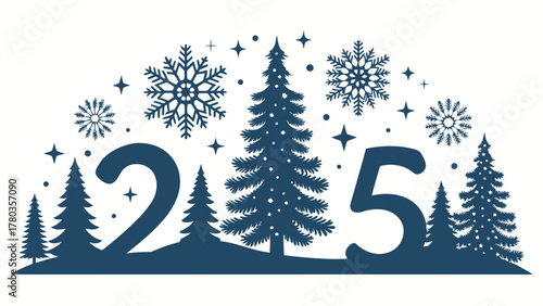 Illustration of christmas trees, snowflakes, stars and the numbers two and five in blue color scheme silhouette