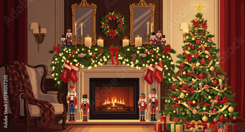 christmas tree with fireplace and decorations