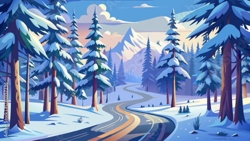 A winding road covered in fresh snow leading through a dense pine forest, frosted trees glistening in soft winter light, creating a peaceful and scenic journey through nature, detailed winter landscap