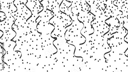 Black streamers and confetti falling on white background celebration party