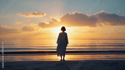Single silhouette of a person standing peacefully on a sandy beach watching a brilliant ocean sunset or sunrise