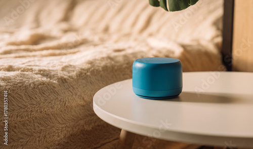 Konstfotografi Minimal blue AI smart speaker on bedside table