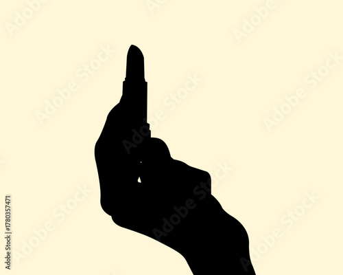 Silhouette of hand holding a lipstick concept design. Icon of cosmetic on the finger. Vector illustration.