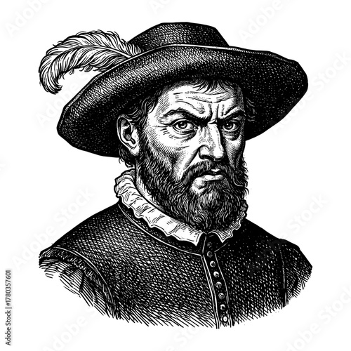 Renaissance man portrait in woodcut style in black and white