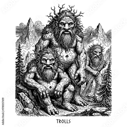 Trolls in mountains on white background