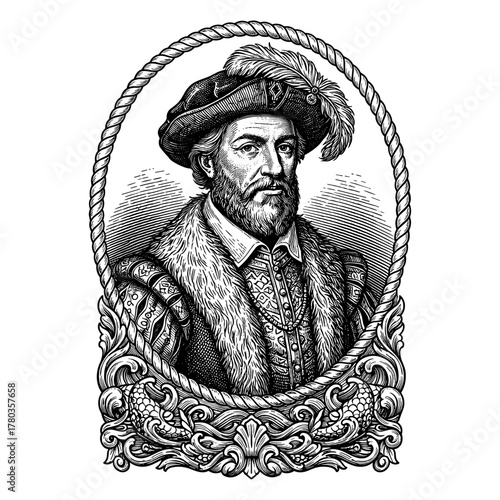 Columbus portrait against ornate frame on white background