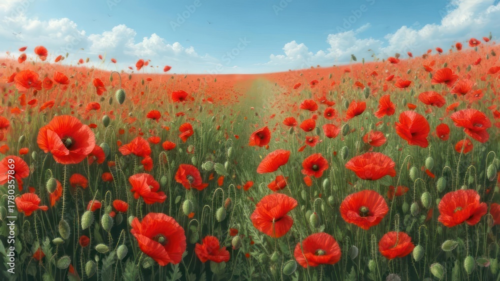 Obraz premium Red poppy field under a blue sky