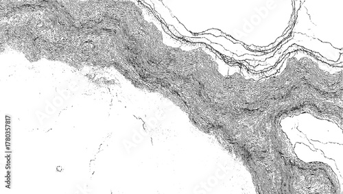 Black and white topographic map contour lines showing mountainous terrain and river valley vector