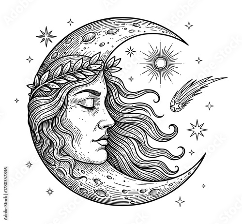 Moon with woman profile against celestial background