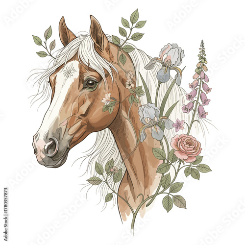 Palomino horse with floral wreath against white background