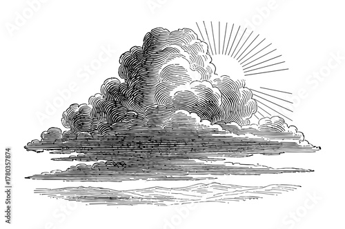 Sunburst behind clouds engraving in black and white with