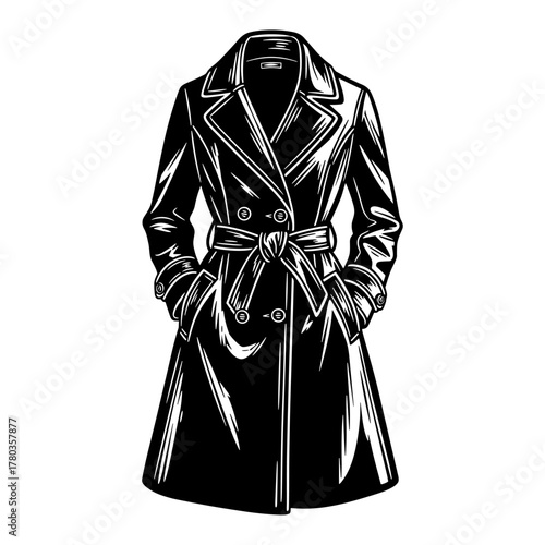 Trench coat illustration in graphic style in black and white