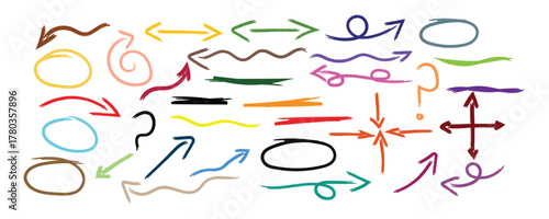 Colorful paintbrush hand drawn arrows and circles vector set. multicolor doodle sketch pointers and highlight markers with brush stroke texture, artistic ink style illustration.