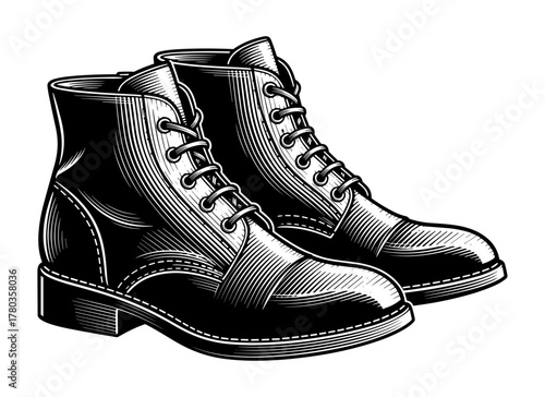 Lace-Up Boots in Woodcut Style in Black and White