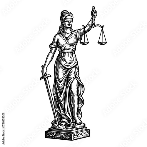 Lady Justice in woodcut style in black and white