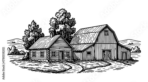 Rural homestead in woodcut style in black and white