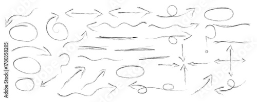 Charcoal hand drawn arrow vector set. Doodle swirls, curved pointers and direction icons with rough charcoal texture, vector on transparent background.
