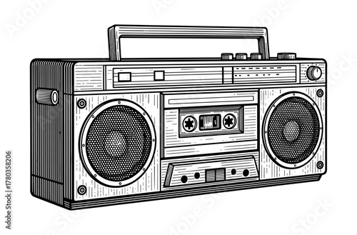 Boombox in woodcut style in black and white