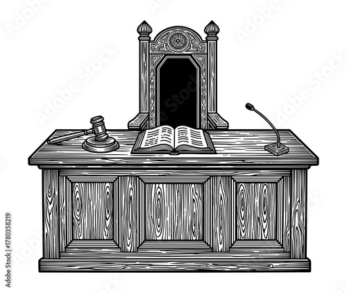 Judge bench in woodcut style in black and white