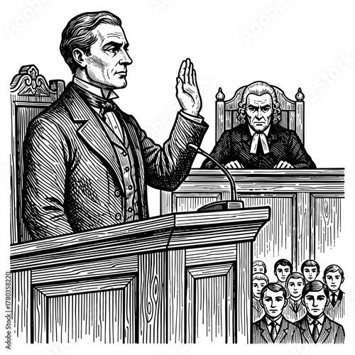 Witness taking oath against courtroom background