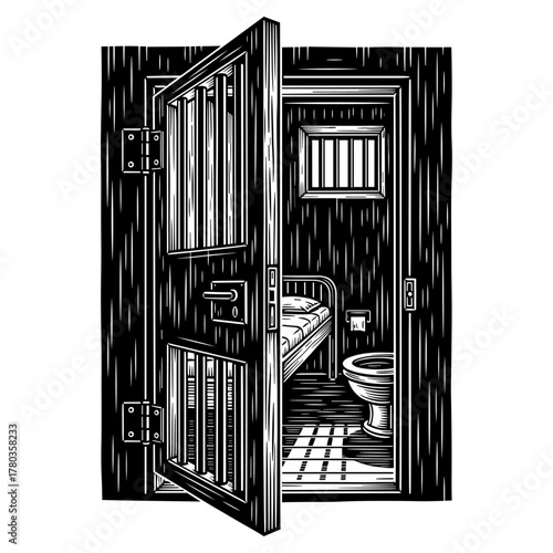 Prison cell in woodcut style in black and white