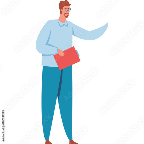 Full body illustration of a man wearing glasses and a light blue collared shirt with teal pants holding a red folder while gesturing to the right on a white background
