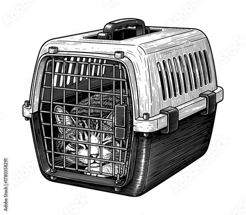 Cat in carrier against white background