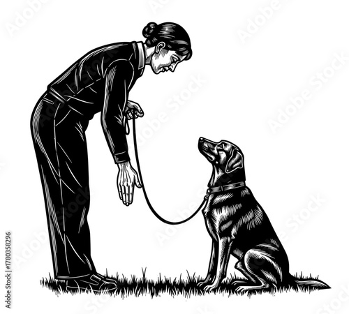 Woman training dog against outdoor background