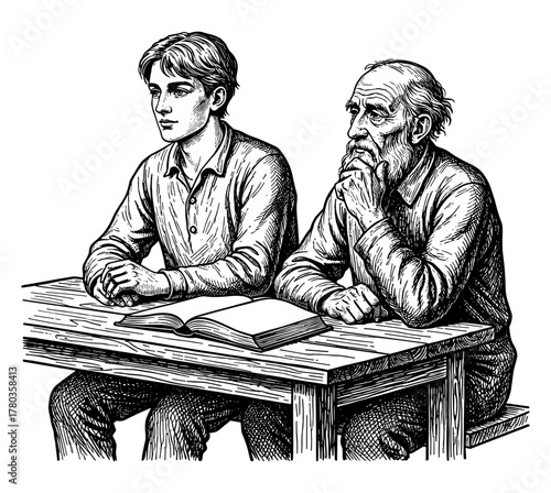 Young man and elderly man studying together at a wooden table against white background