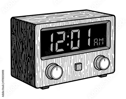 Vintage radio alarm clock in line art in black and white
