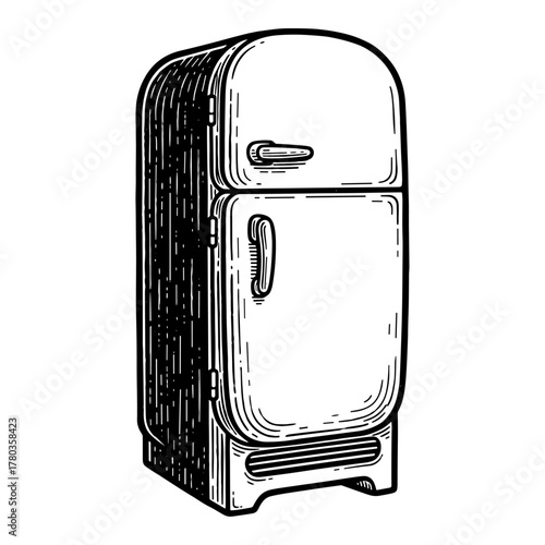 Vintage refrigerator in hatching style in black and white