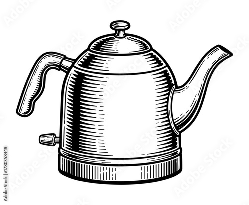 Electric kettle in hatching style in black and white