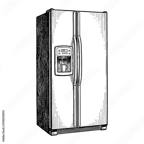 Side-by-side refrigerator in sketch style in black and white