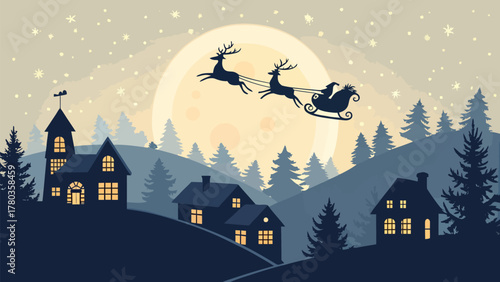 Santa's sleigh flying over a snowy village with houses and christmas trees against a full moon backdrop silhouette