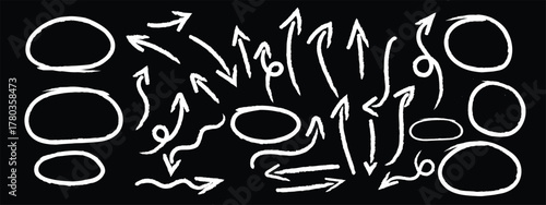 White chalk and charcoal hand drawn arrows and circles vector set. Doodle sketch pointers and highlight markers with rough texture on black background, artistic direction icons illustration.