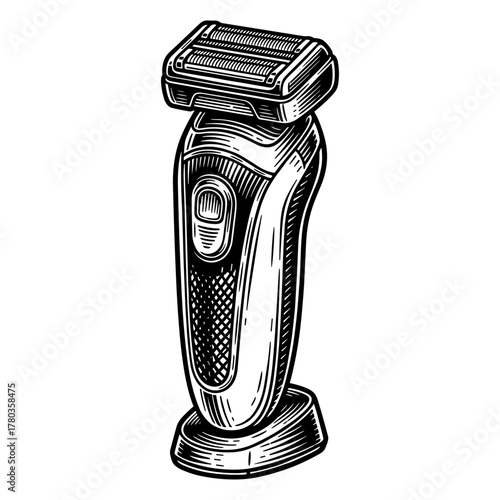 Electric razor in woodcut style in black and white