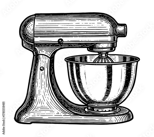 Stand mixer in woodcut style in black and white
