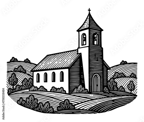 Country church in woodcut style in black and white