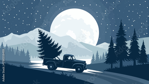 Truck carrying christmas tree on a snowy road with mountains and a full moon in the background at night silhouette