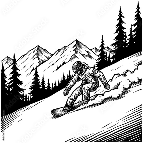 Snowboarder carving in woodcut style in black and white