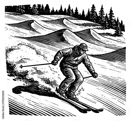 Skier carving on snowy slope against evergreen forest
